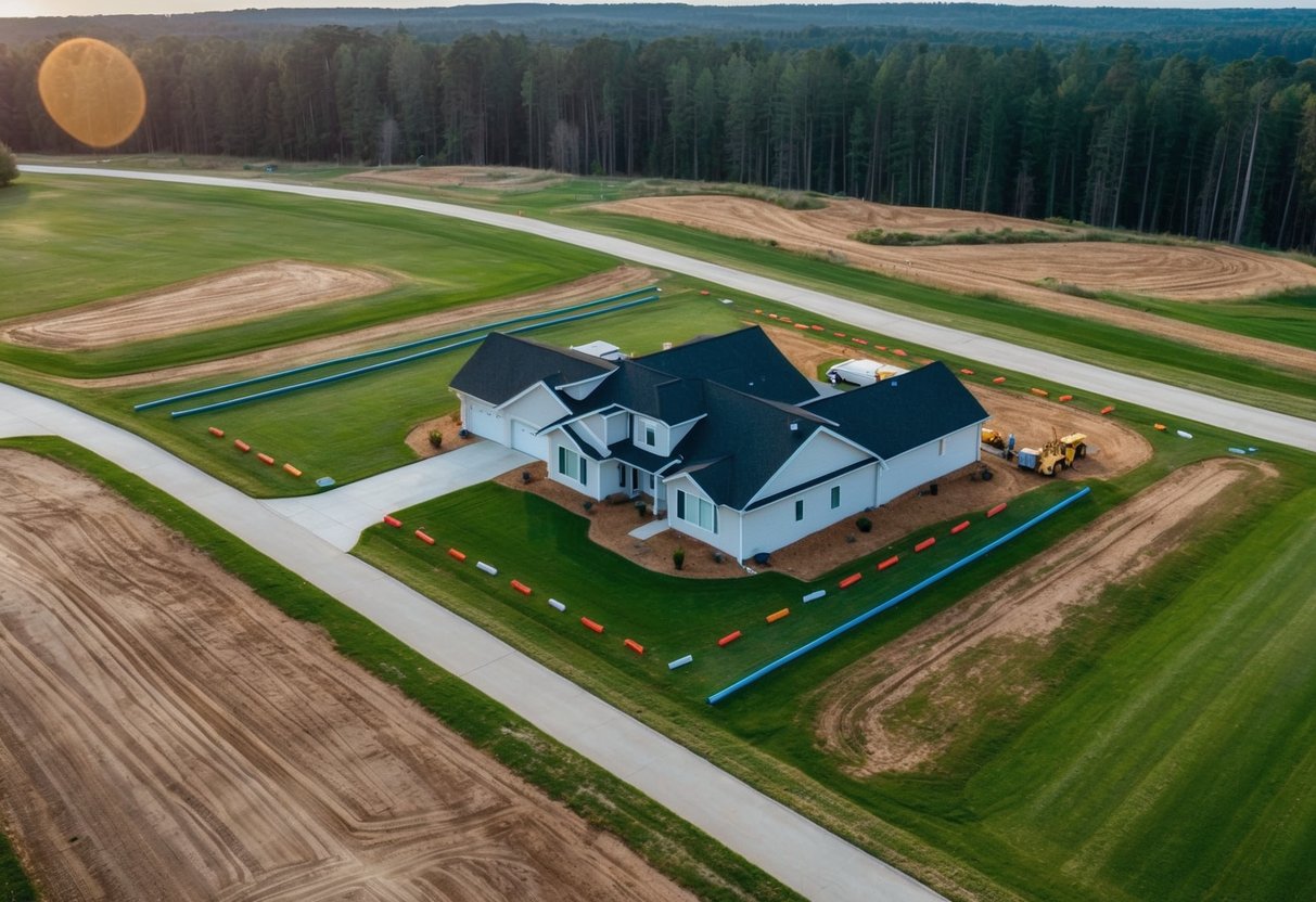 Aerial view of a property with surveyor's tools and markers indicating subdivision lines