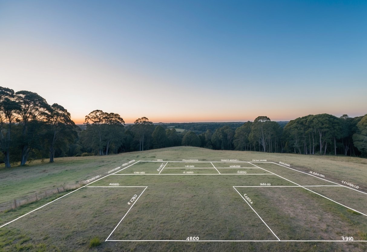 A property with open land, marked boundaries, and potential plot divisions, surrounded by trees and with a clear sky above