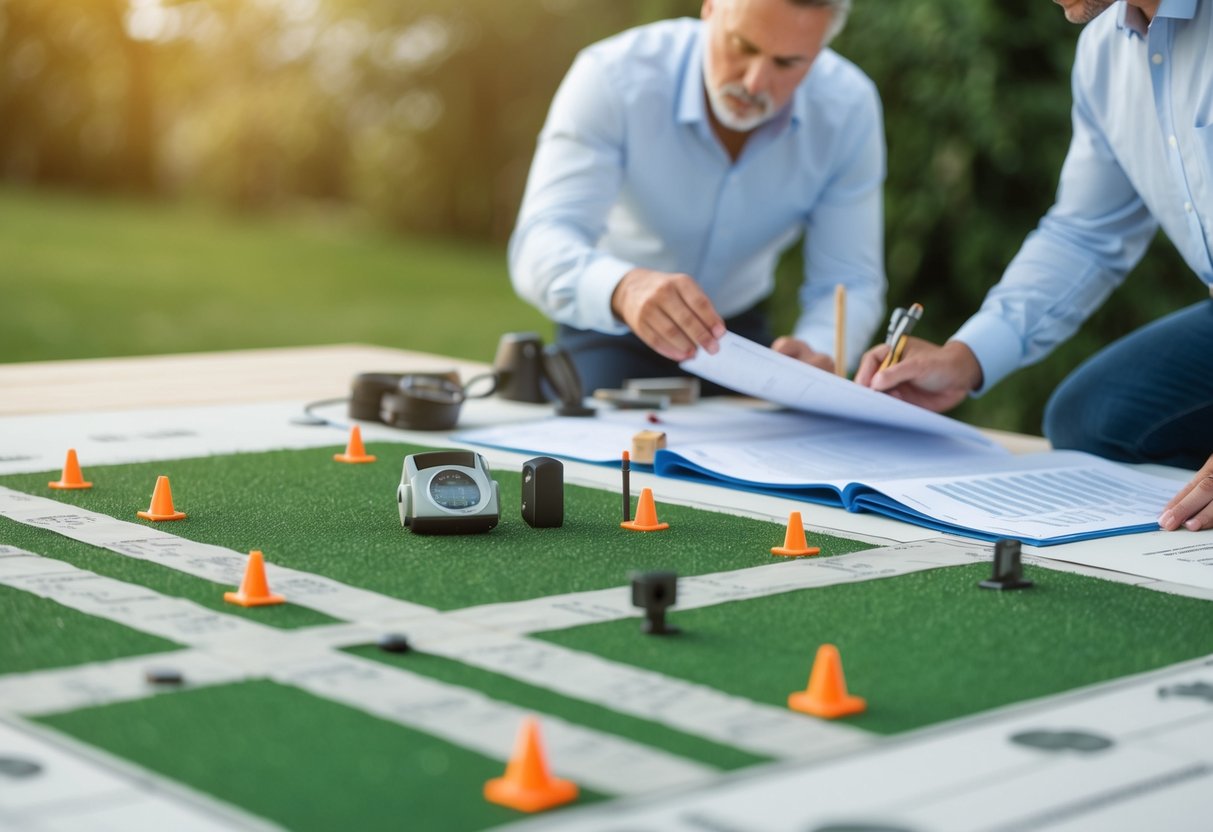 A property is divided into smaller plots with surveying equipment and markers placed along the boundaries. An architect or developer consults financial documents and plans