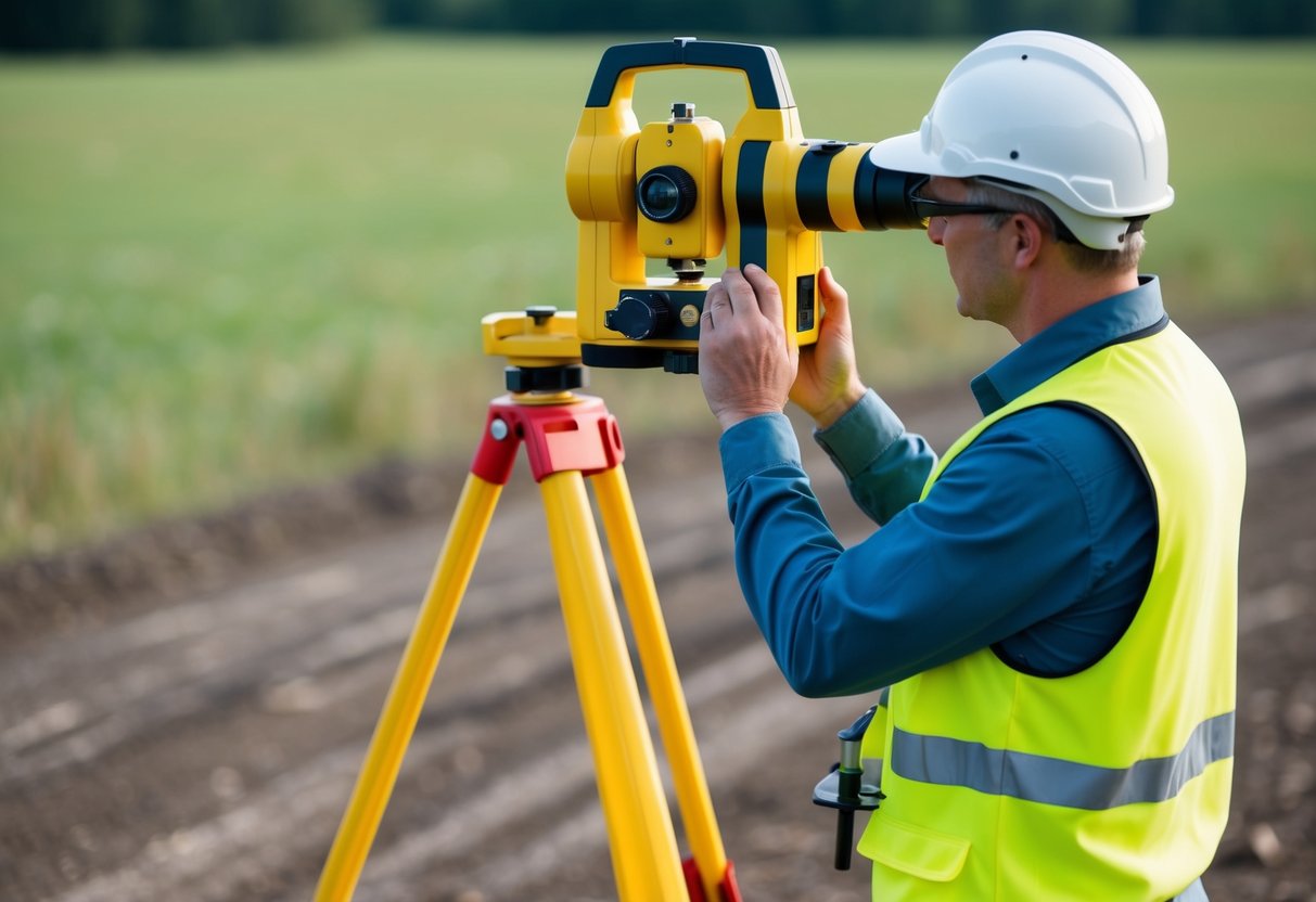 A surveyor using a theodolite to measure and mark boundaries on a large piece of land