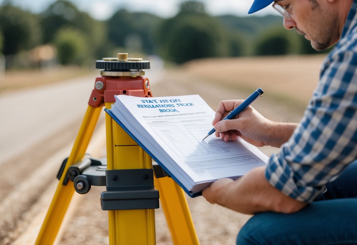 A person consulting a state-specific regulations book while measuring and marking property boundaries with a surveying tool