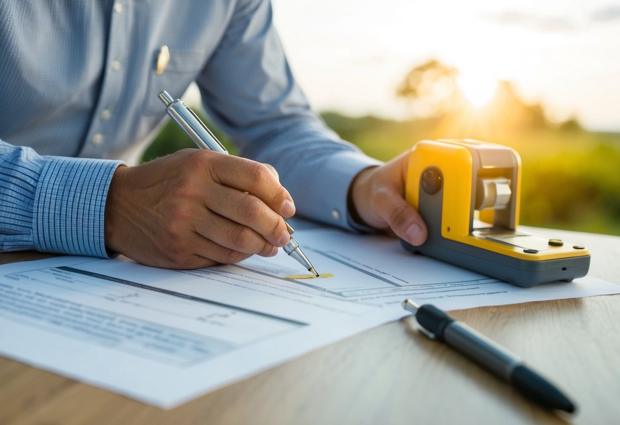 A person measuring and mapping out property boundaries with a surveying tool and taking notes on legal documents