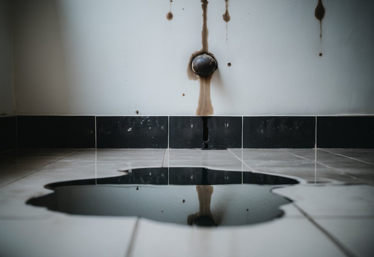 A wall with visible water stains and a small bulge, surrounded by a puddle on the floor