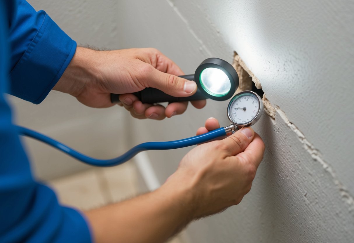 A plumber using a stethoscope to listen for water leaks within a wall, while holding a flashlight to inspect the area