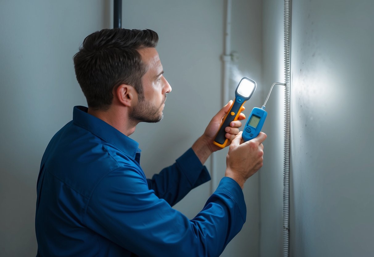 A plumber using a flashlight and a moisture meter to inspect a wall for water leak, checking for damp spots and listening for dripping sounds