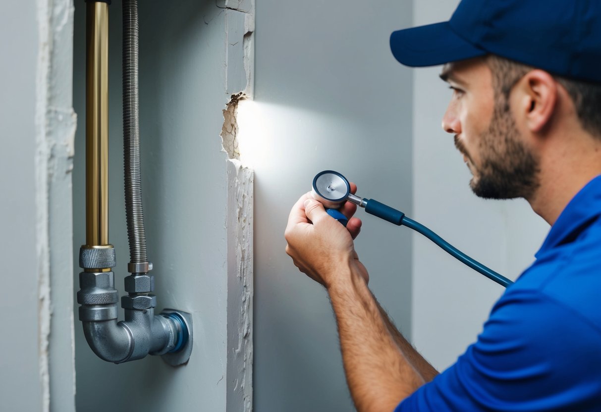 A plumber using a stethoscope and flashlight to listen and search for a water leak inside a wall