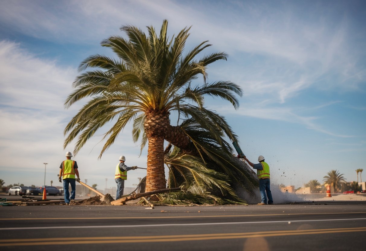 A palm tree being cut down by workers in Las Vegas, NV