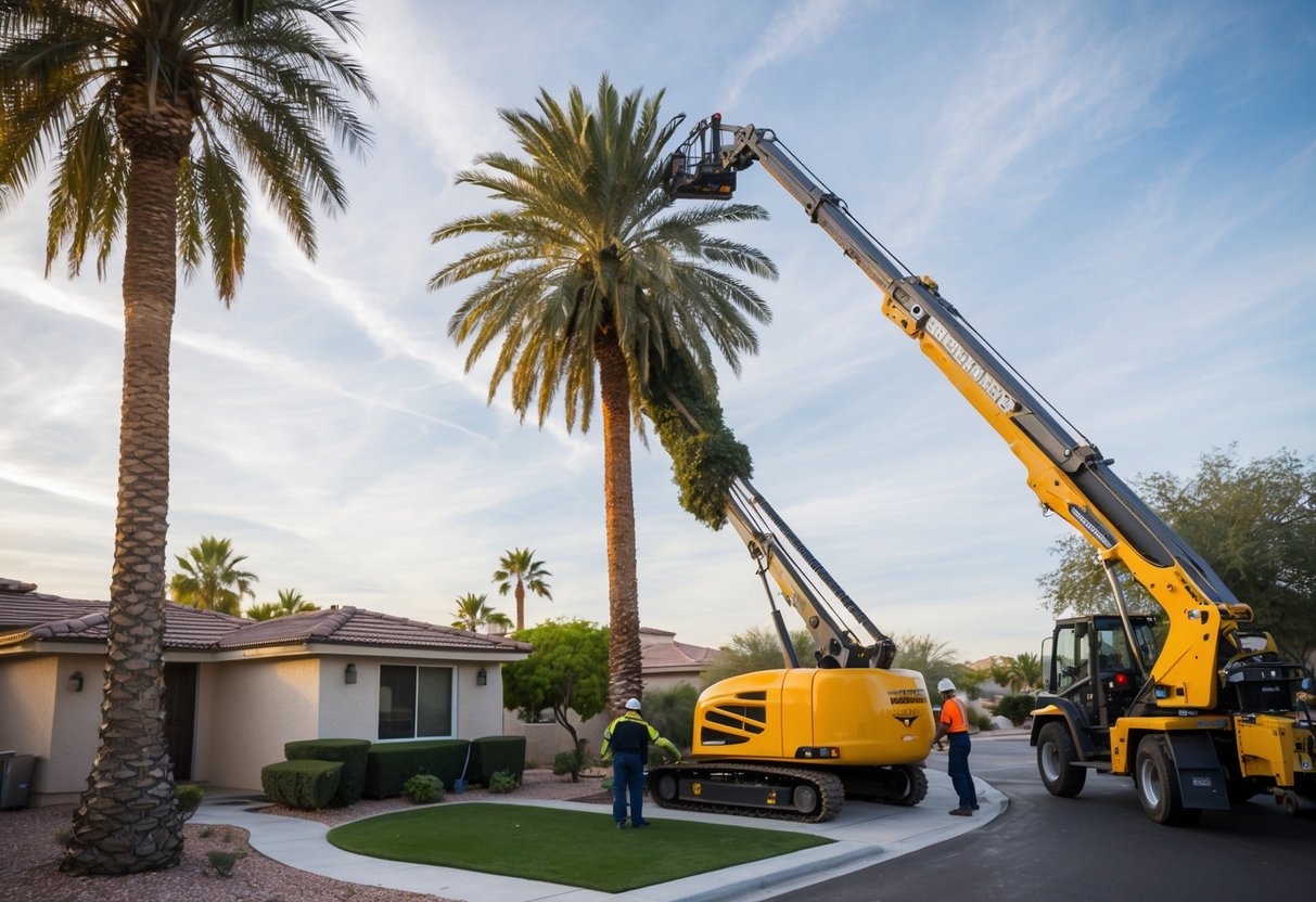 A professional crew uses specialized equipment to safely remove a tall palm tree from a residential property in Las Vegas