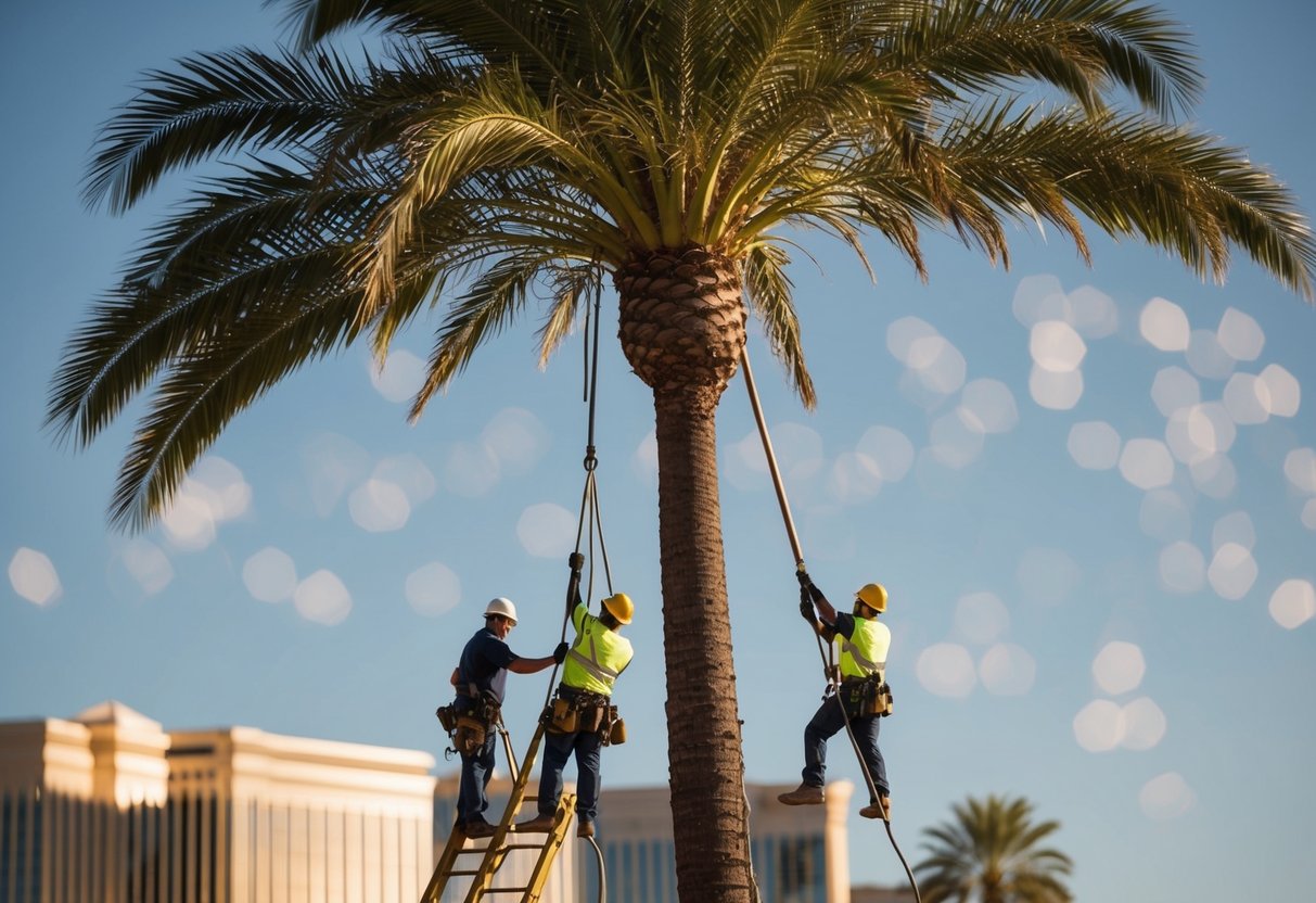 A palm tree being removed by workers in Las Vegas, NV