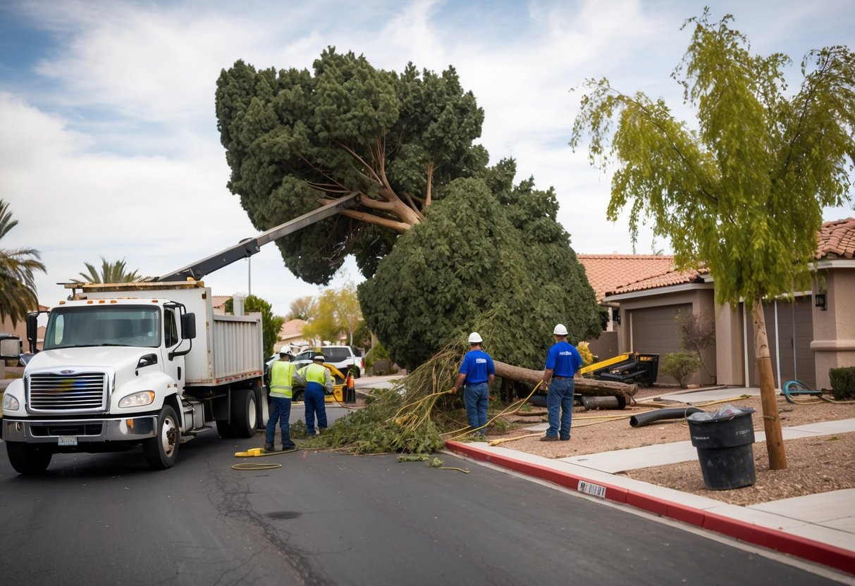 A tree being removed by workers in a Las Vegas neighborhood, with a truck and equipment nearby