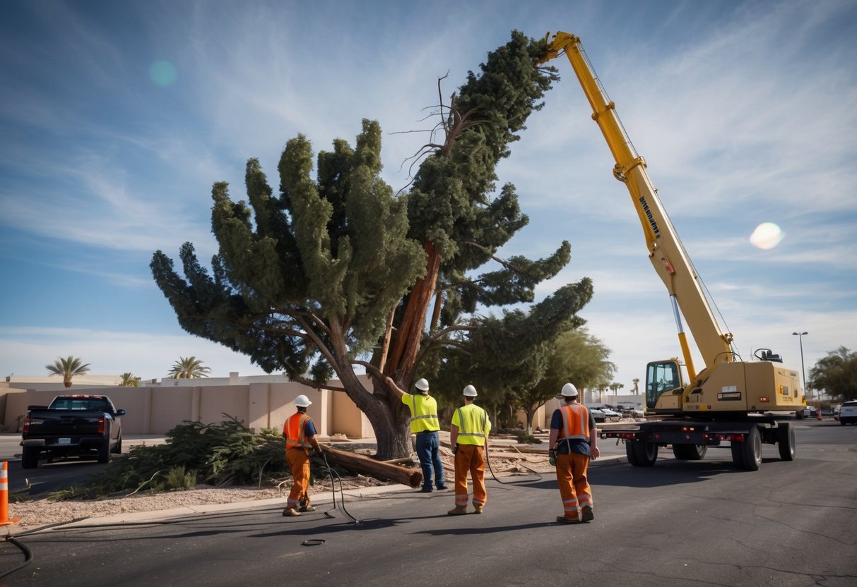 A tree being removed by a team of workers in Las Vegas