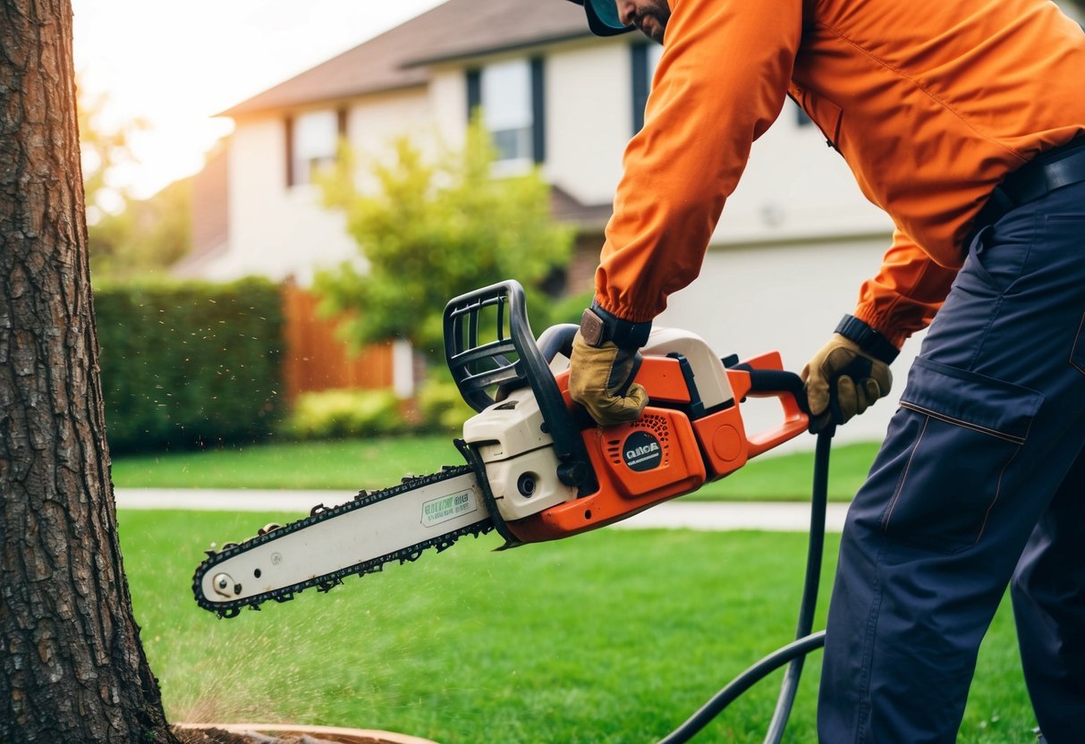 A tree service provider using a chainsaw to remove a tree in a residential backyard