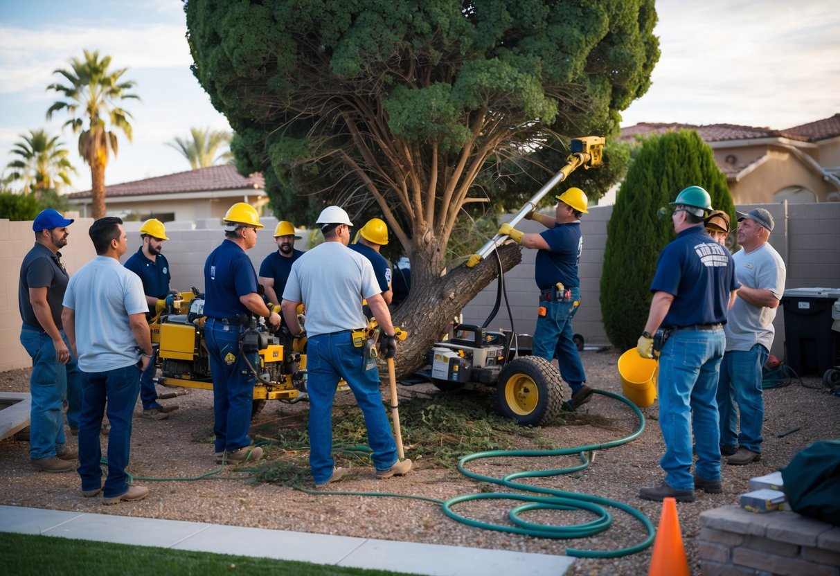 A tree being removed in a Las Vegas backyard, with a team of workers and equipment, surrounded by curious onlookers