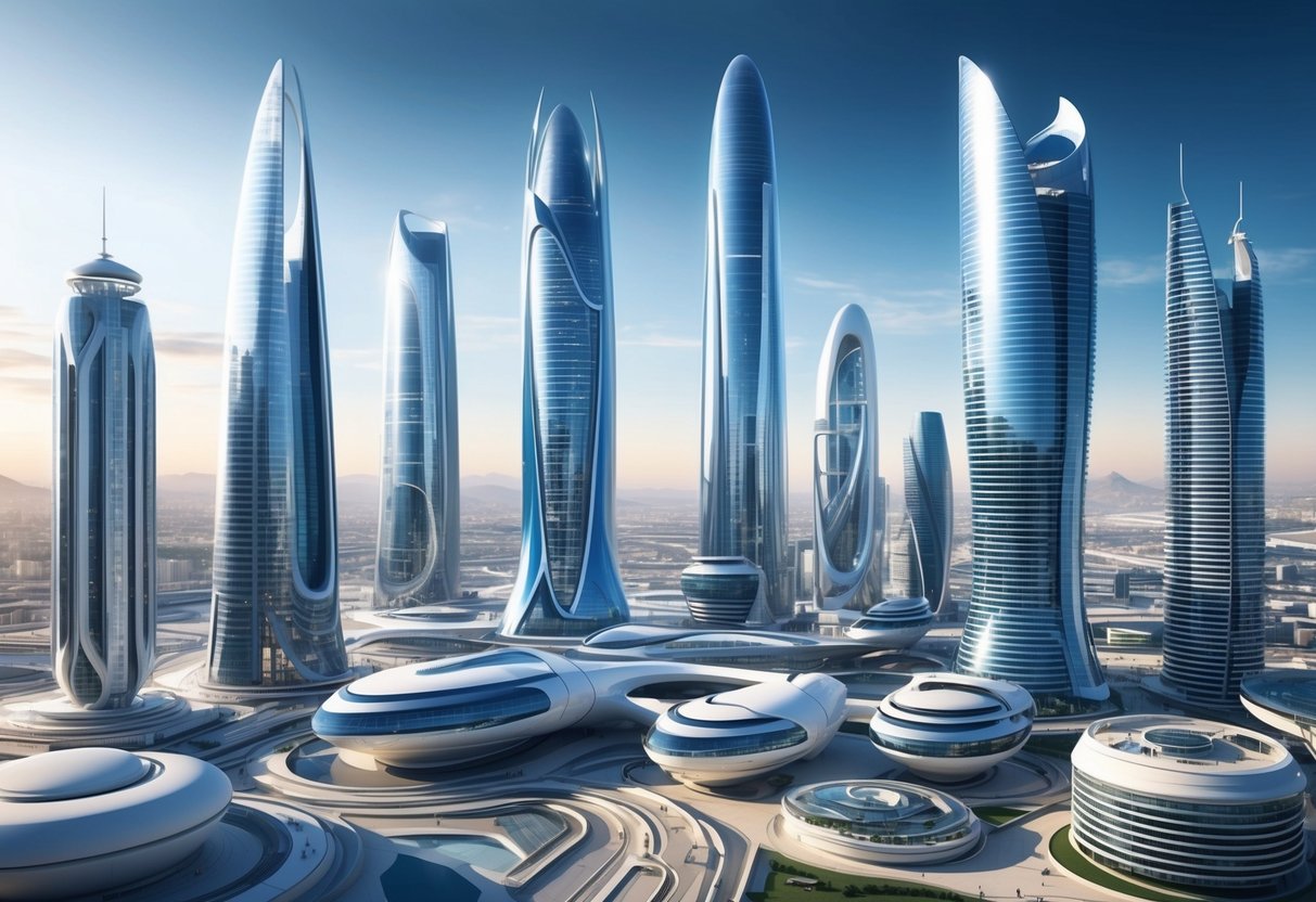 A futuristic cityscape with towering skyscrapers and sleek, innovative buildings, showcasing advanced architectural designs and cutting-edge technology