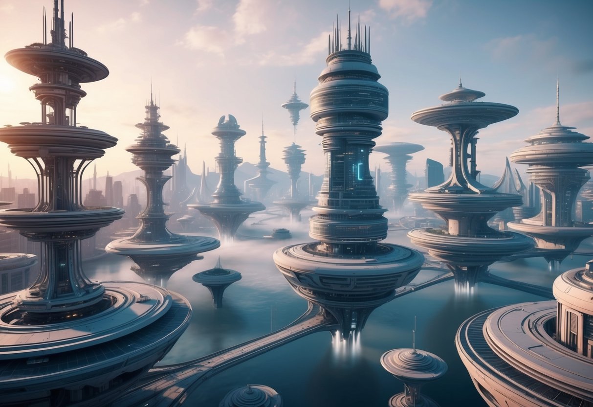 A futuristic cityscape with floating structures and intricate architectural designs, showcasing advanced building techniques in a virtual world