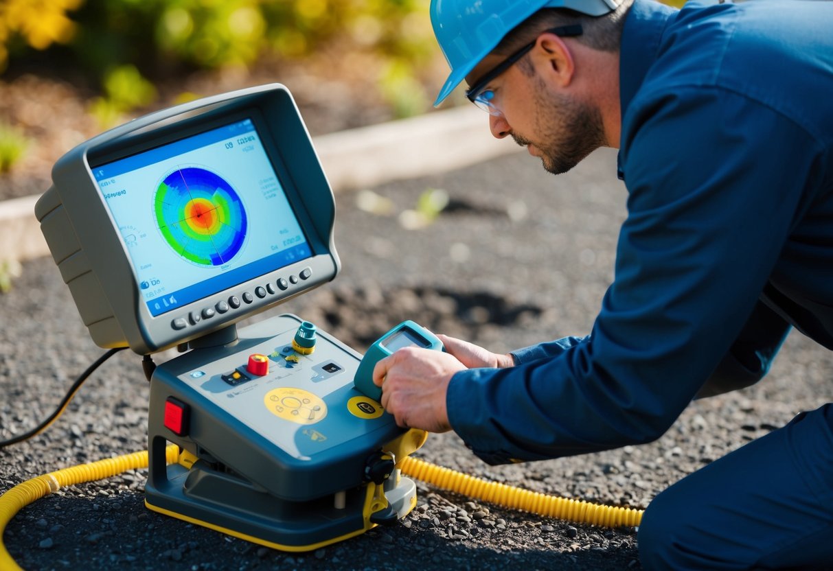 A technician uses a ground-penetrating radar to scan for underground water leaks