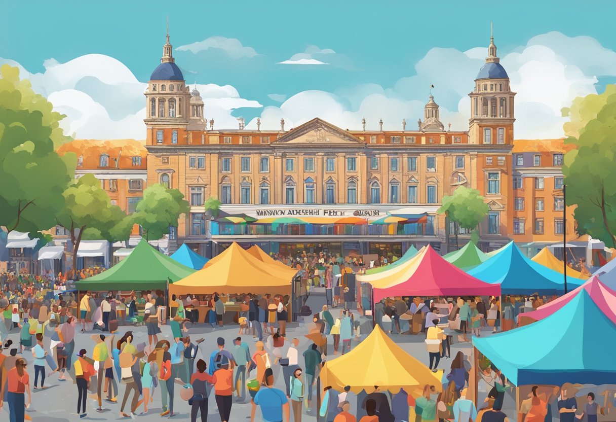 A bustling outdoor festival with colorful tents, live music, and people enjoying food and drinks. A large banner reads "Monarch Festival 2024" against a backdrop of historic buildings and a clear blue sky