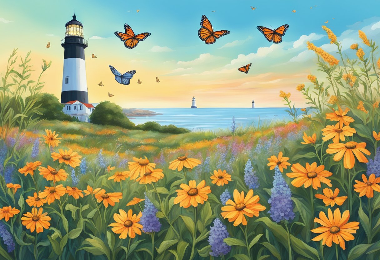 A vibrant field of wildflowers with monarch butterflies fluttering among them, set against the backdrop of the Cape May lighthouse and the picturesque New Jersey coastline