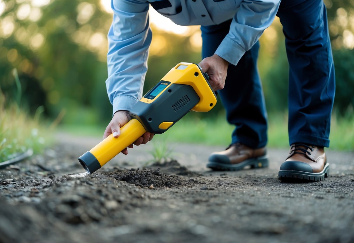 A technician using a handheld device to scan the ground for potential water leaks