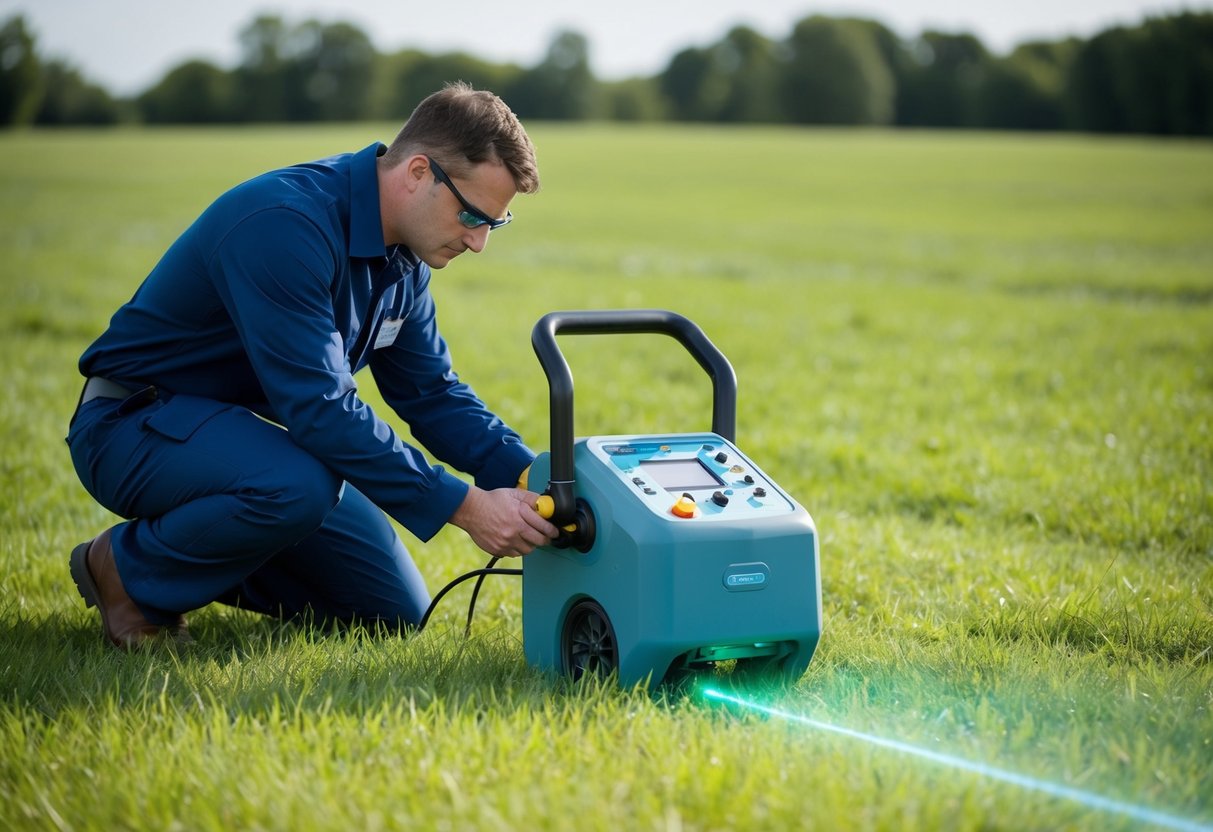 A technician operates a high-tech underground water leak detection device in a grassy field. The device emits signals and scans the ground for potential leaks