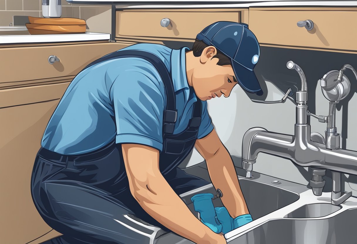 A plumber in Cheras fixing a leaky pipe under a kitchen sink