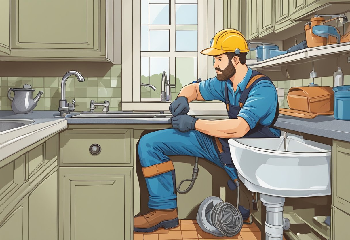 A plumber in action repairing a leaky pipe under a sink in a residential kitchen