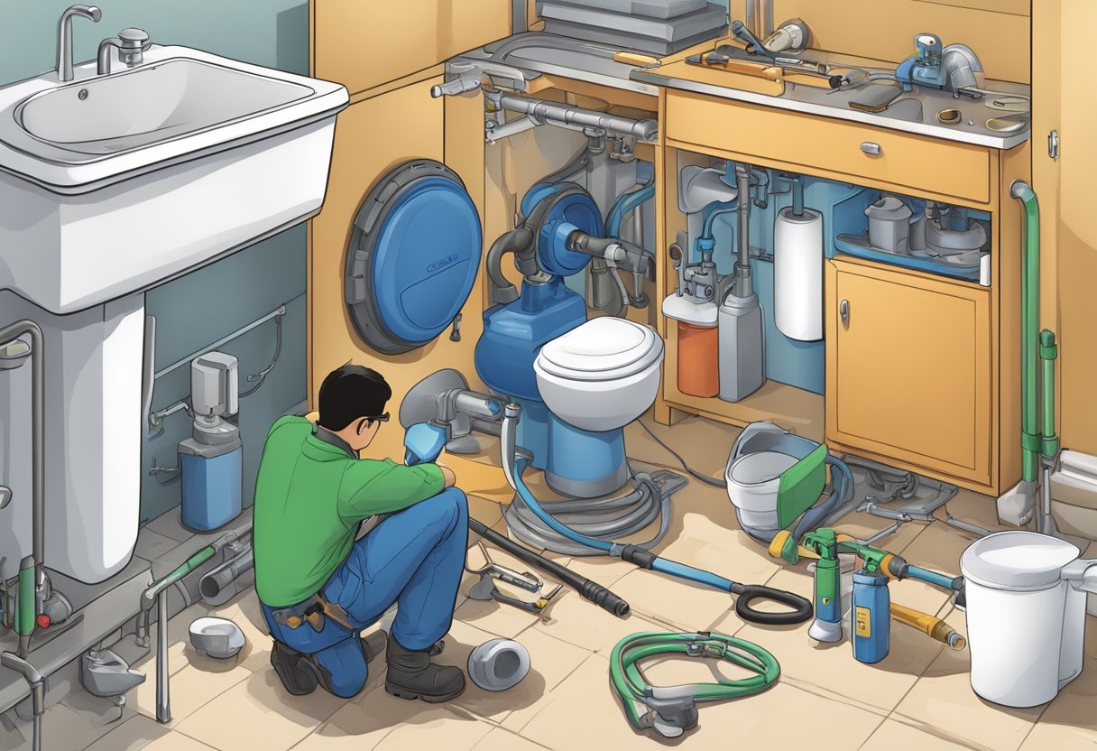 A plumber in Cheras is inspecting a localized plumbing issue, with tools and pipes scattered around the work area