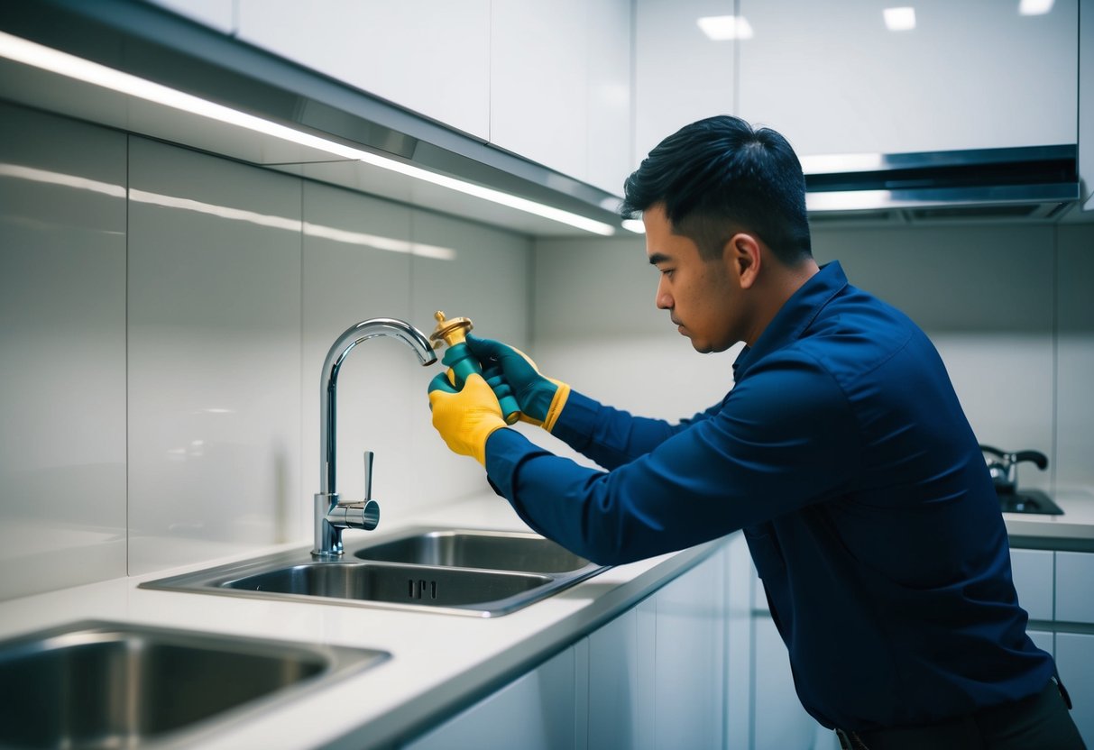 A plumber in Cyberjaya fixing a leaky pipe in a modern kitchen