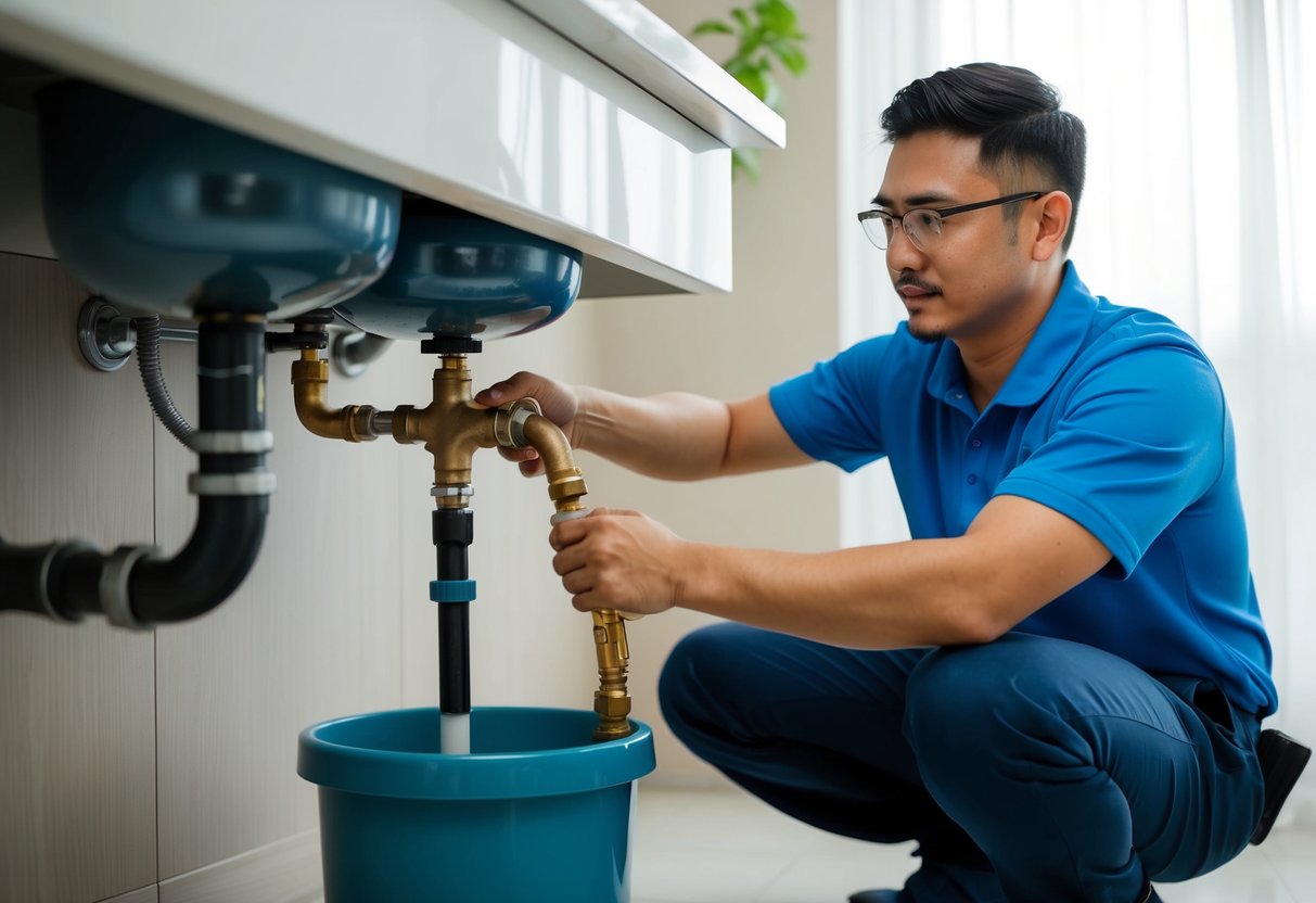 A professional plumber in Cyberjaya fixing a leaking pipe under a sink