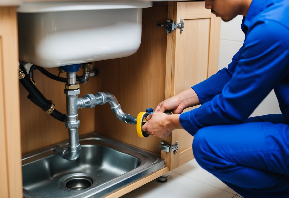 A plumber in Cyberjaya fixing a broken pipe under a sink