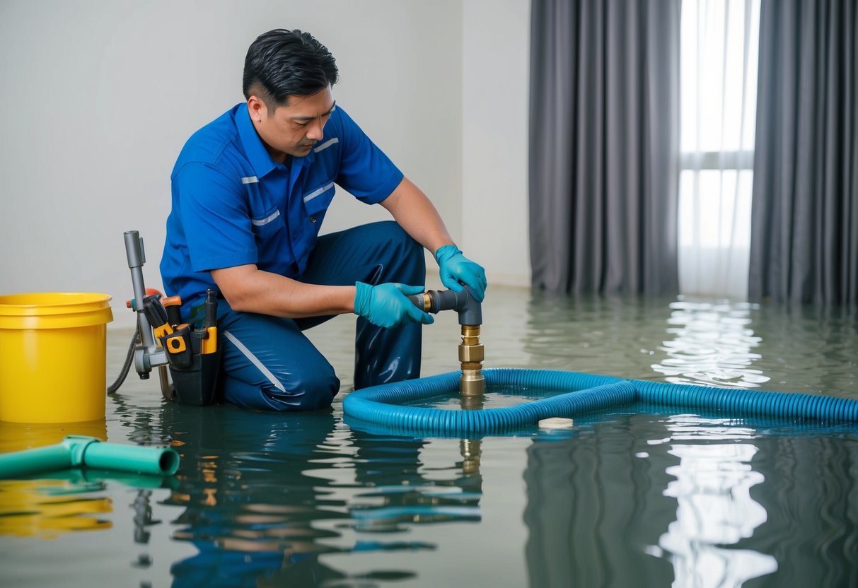 A plumber in Cyberjaya repairing water damage in a flooded room, using tools and equipment to fix the broken pipes and restore the area