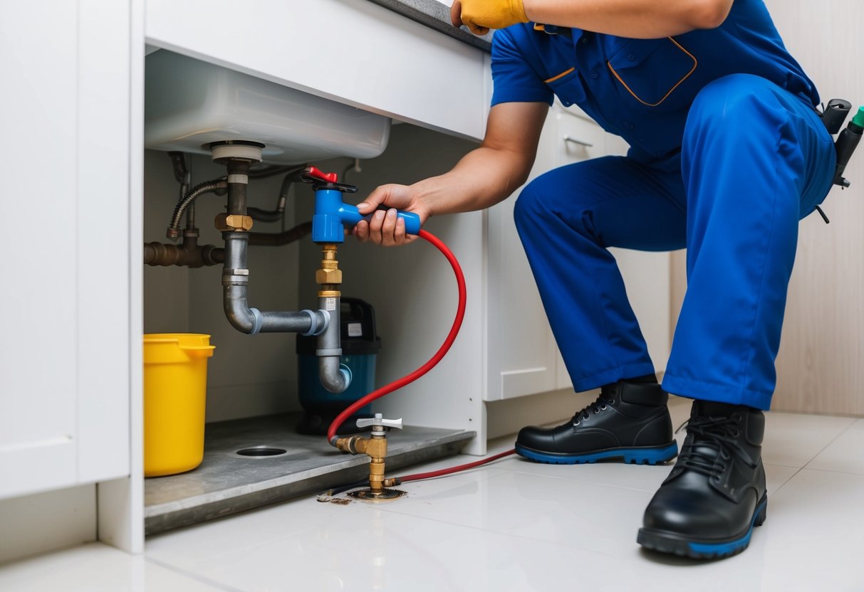 A plumber fixing a leak under a sink in Petaling Jaya