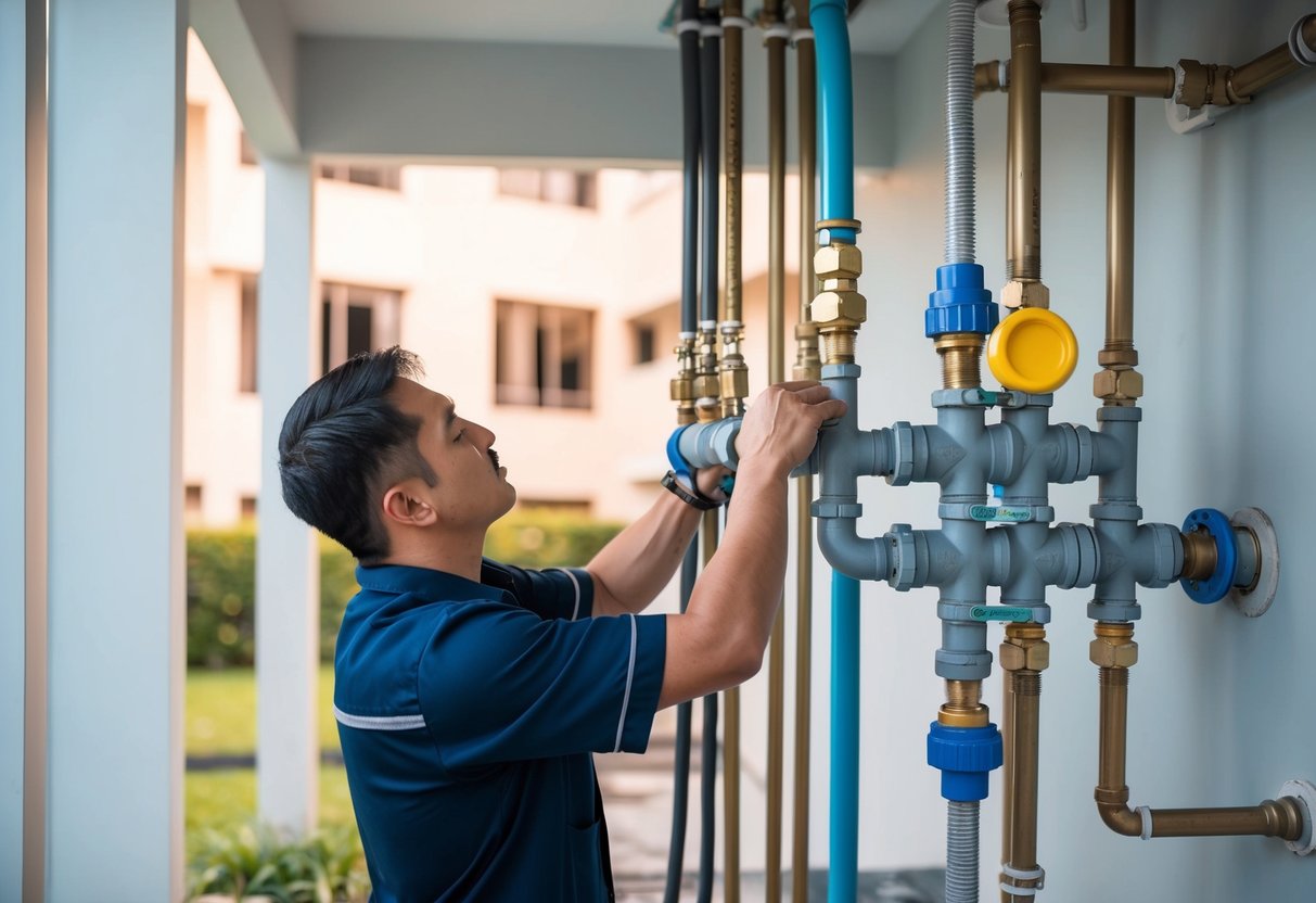 A plumber in Petaling Jaya inspecting and fixing a complex network of pipes and valves in a modern residential building