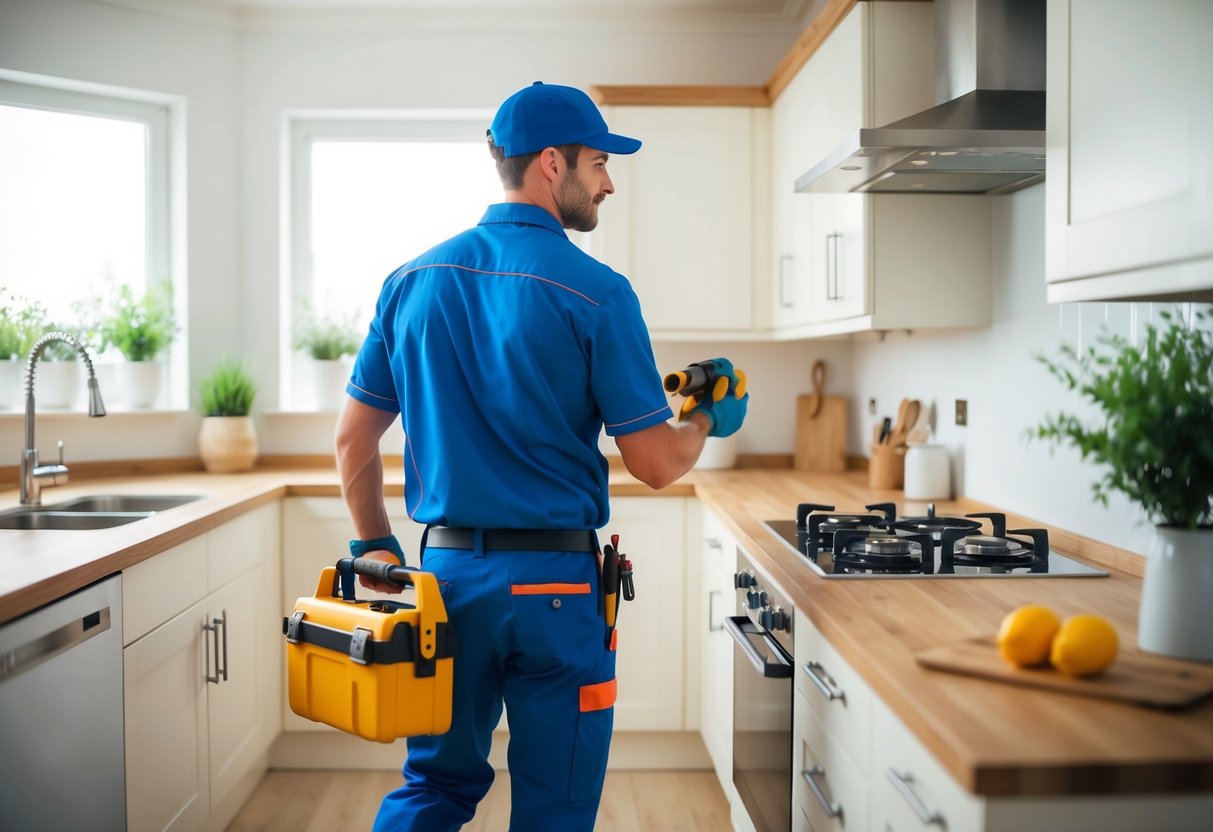 A plumber in a blue uniform carrying a toolbox enters a well-lit, tidy kitchen with a leaky faucet