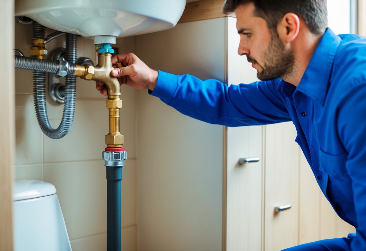 A plumber fixing a burst pipe in a residential bathroom