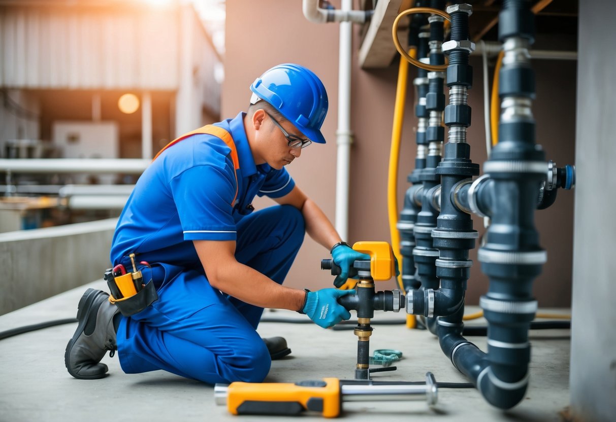 A plumber in Petaling Jaya utilizes innovative tools to repair a complex pipe system