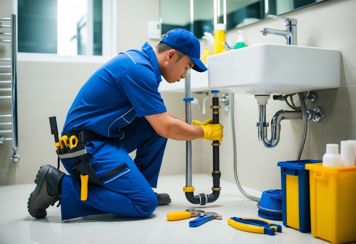 A plumber in Petaling Jaya, Malaysia, working on a pipe repair in a modern, well-lit bathroom. Tools and supplies are neatly organized for cost and convenience