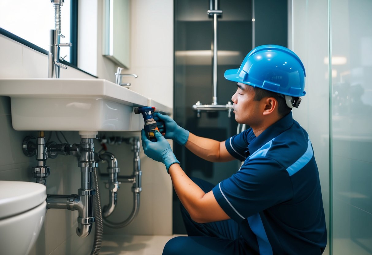 A plumber in Petaling Jaya installing additional plumbing services in a modern bathroom