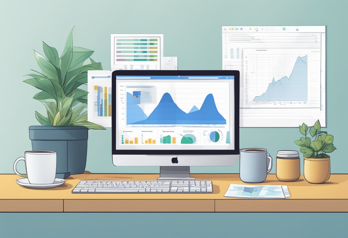 A computer screen displaying the Groove CM review with various charts and graphs, surrounded by a cluttered desk with notebooks and a cup of coffee