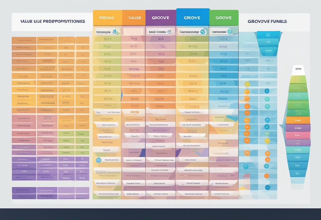 A colorful chart comparing pricing plans and value propositions for Groove cm (Groove funnels) review 2024