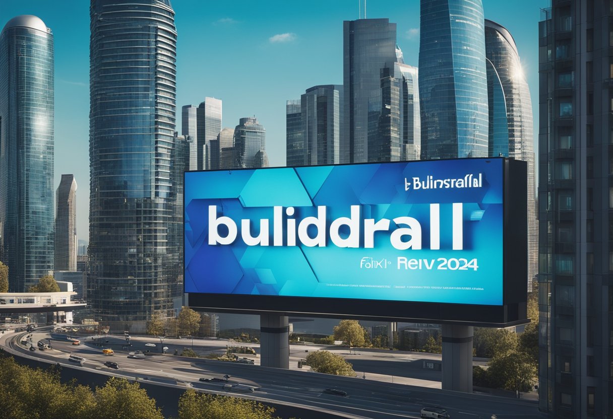 A futuristic city skyline with digital billboards displaying "Builderall review 2024" in vibrant colors