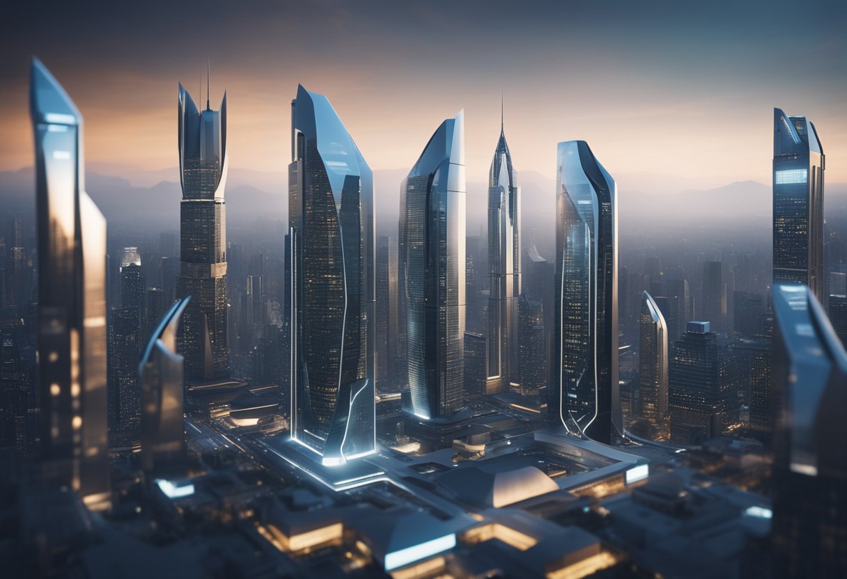 A futuristic city skyline with sleek, modern buildings and advanced technology integrated into the architecture