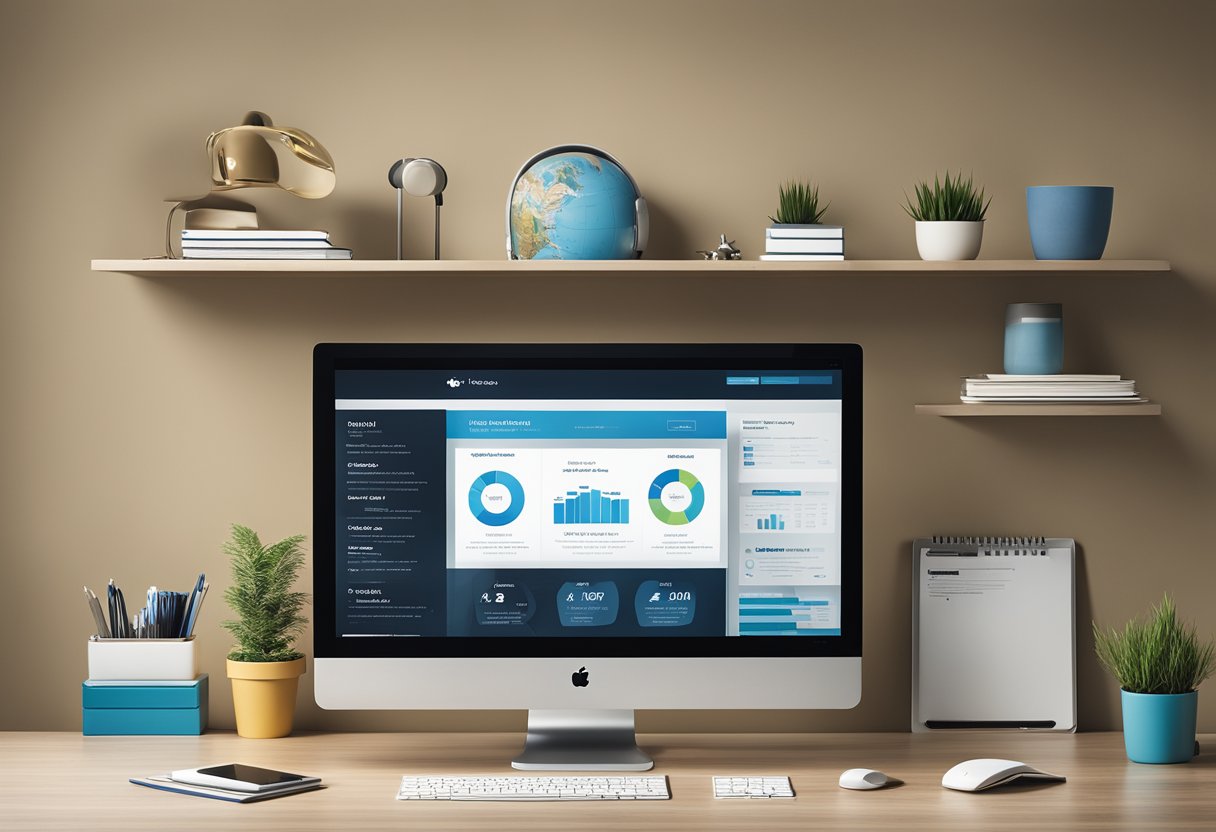 A modern office desk with a computer screen displaying the Builderall website, surrounded by marketing and sales tools such as charts, graphs, and promotional materials