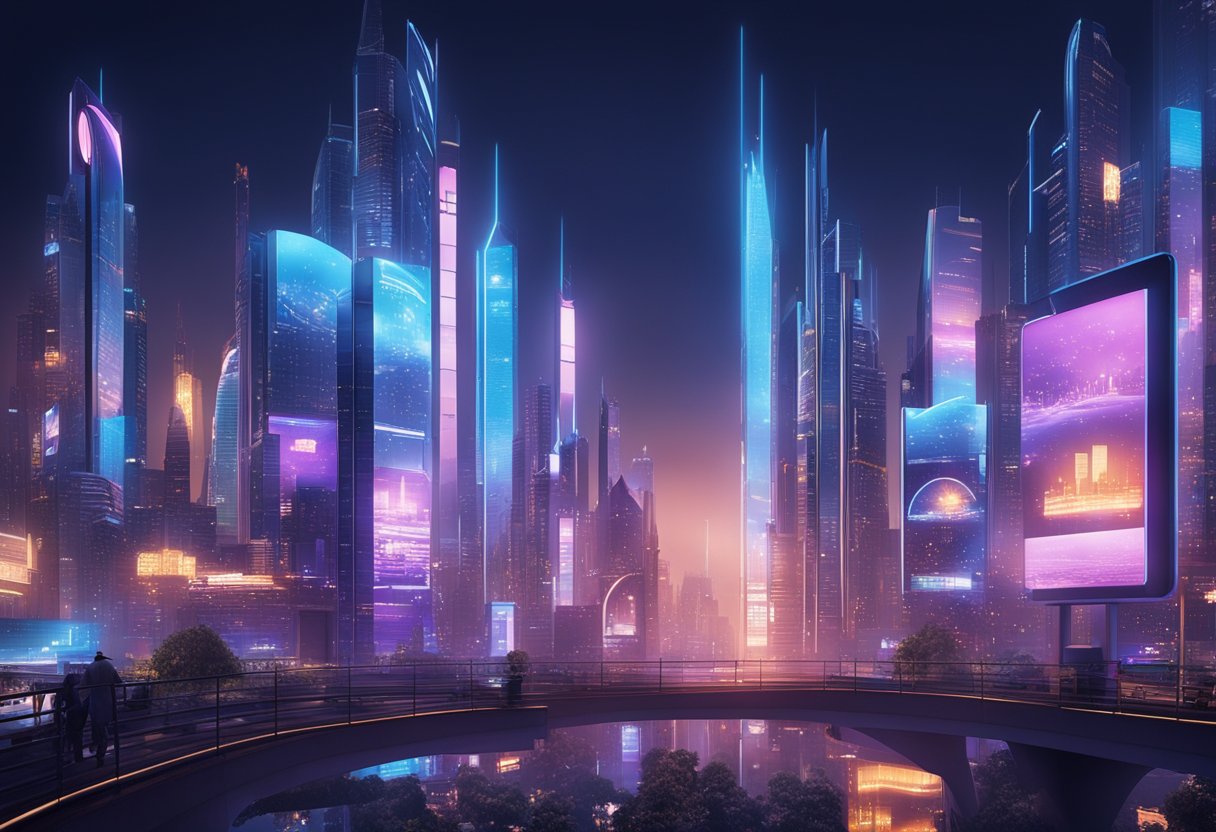 A futuristic cityscape with digital billboards displaying "Analysis and Optimization Builderall review 2024" in neon lights