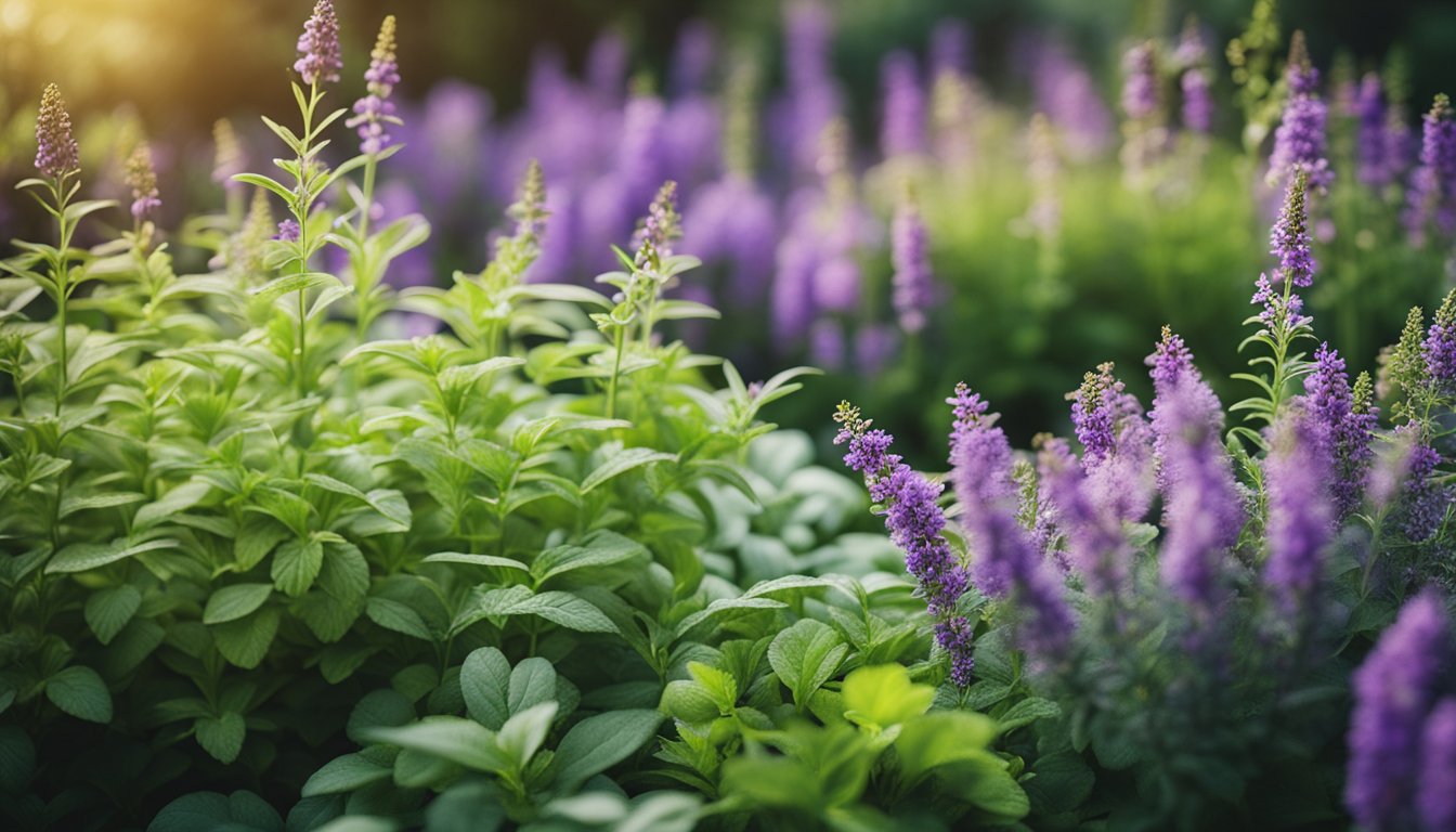 Lush garden bed with 9 herbs in full bloom