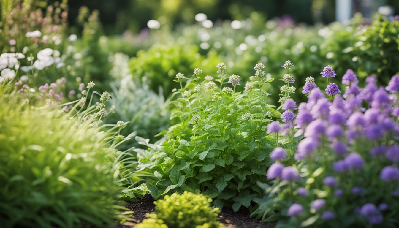 Lush garden bed with 9 herbs in full bloom