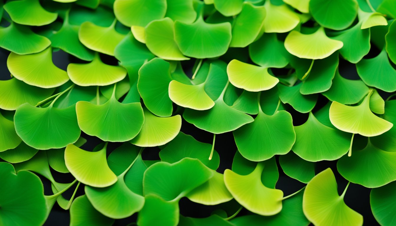 Vibrant green ginkgo leaves fill the frame, their fan-shaped details captured in a detailed macro shot