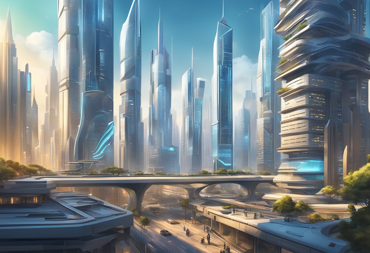 A futuristic cityscape with sleek, towering buildings and advanced technology integrated seamlessly into the urban environment