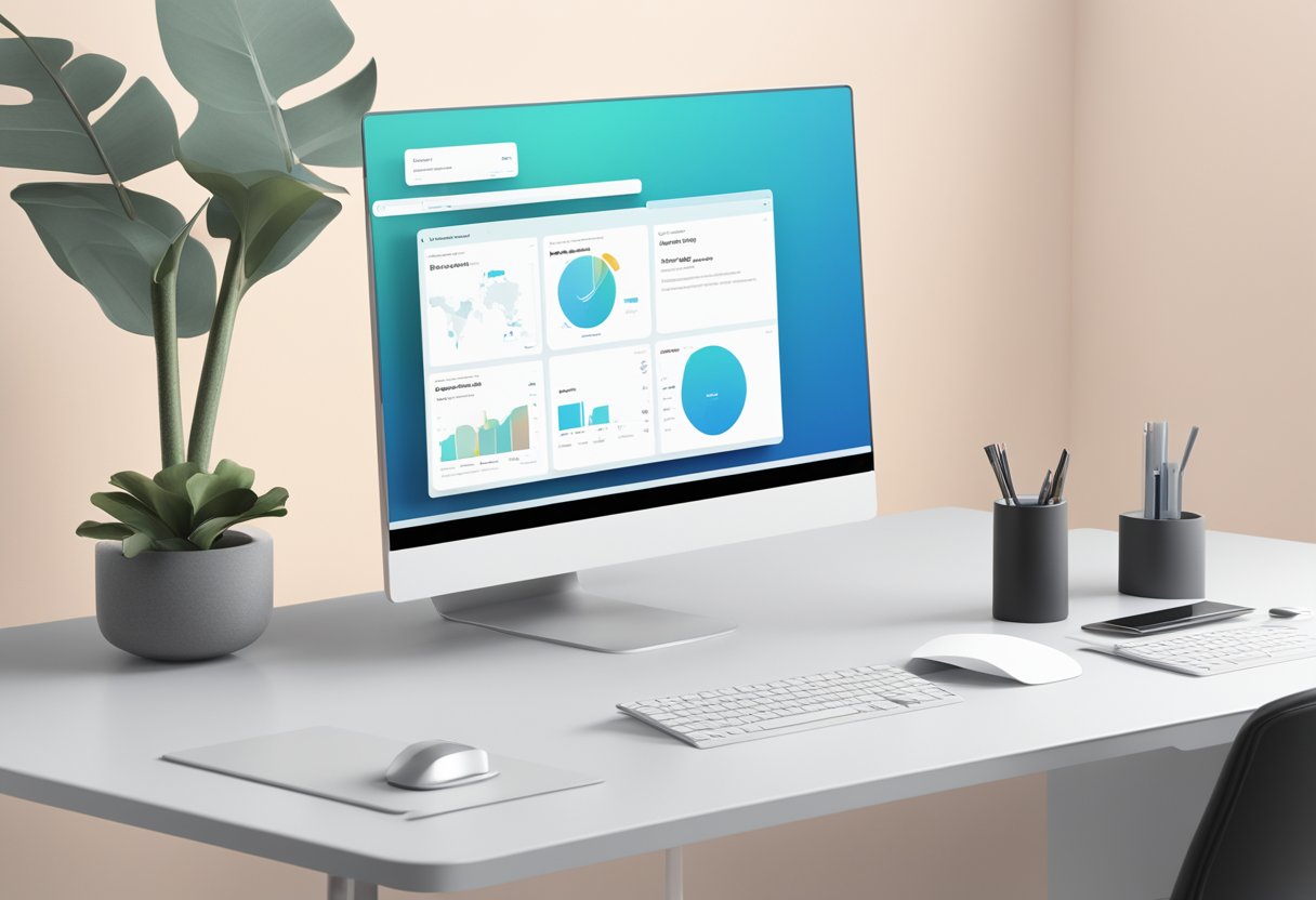 A sleek, modern computer screen displays the Kajabi platform, with a clean and intuitive user interface. The user effortlessly navigates through various features, showcasing the platform's usability and user experience