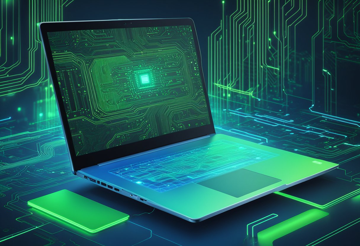 A modern laptop surrounded by glowing green and blue digital circuit patterns, symbolizing performance and reliability for a Kajabi review in 2024